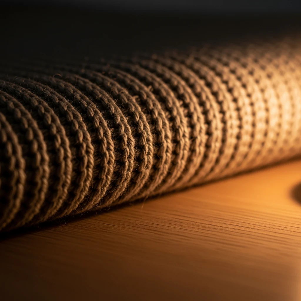 Close detail of slate wool-felt and a brass nursery hook resting on a folded oat-coloured wool throw, single shaft of warm window light from the left.