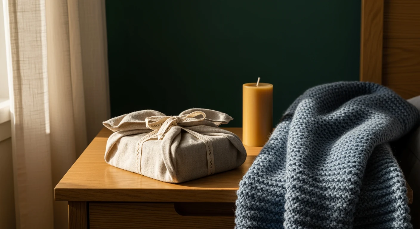 A linen-wrapped keepsake book and weighted plush placed on an oak nightstand, lit by a single warm bedside lamp at dusk.