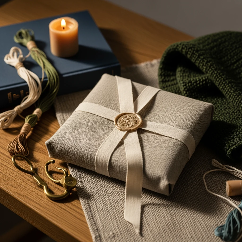 Close-up of cream linen ribbon and ivory embroidery thread on a pale oak surface, warm amber light from the left.