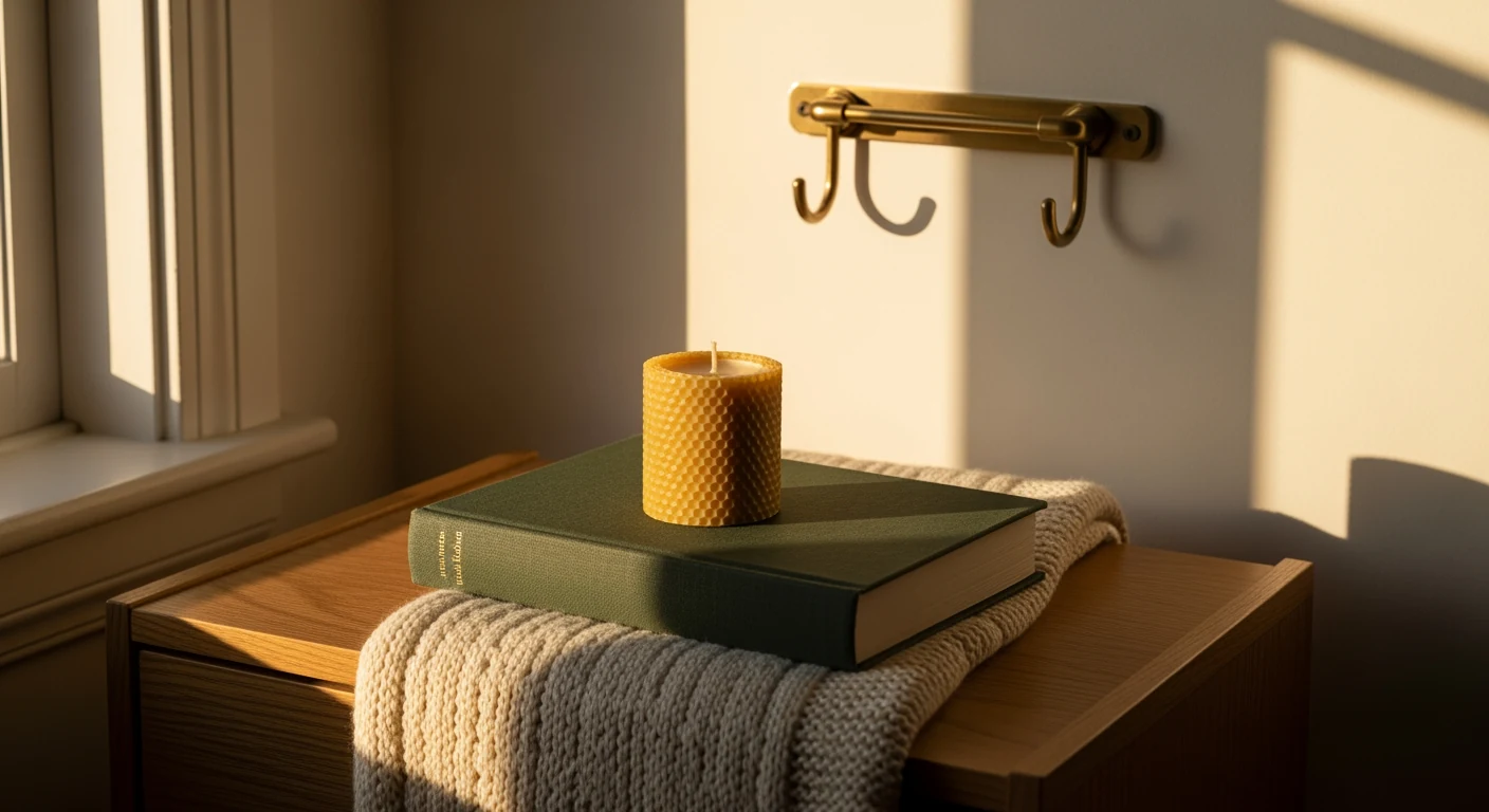 A linen-wrapped hardback book and single beeswax candle on an oak table, hand-knit cream throw beneath, golden hour window light from the left