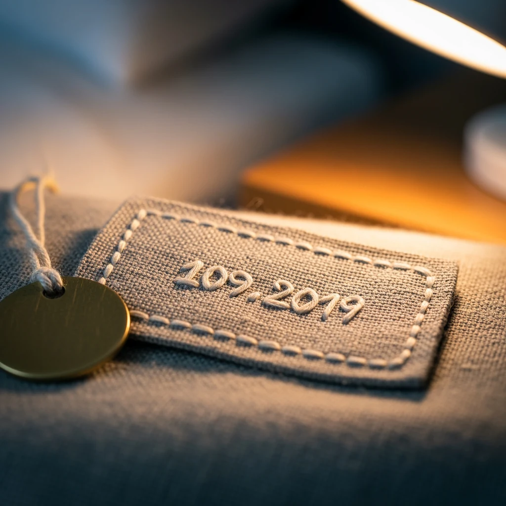 Macro of an embroidered linen tag with a single date hand-stitched in ivory thread, brass detail at the corner, warm low lamplight
