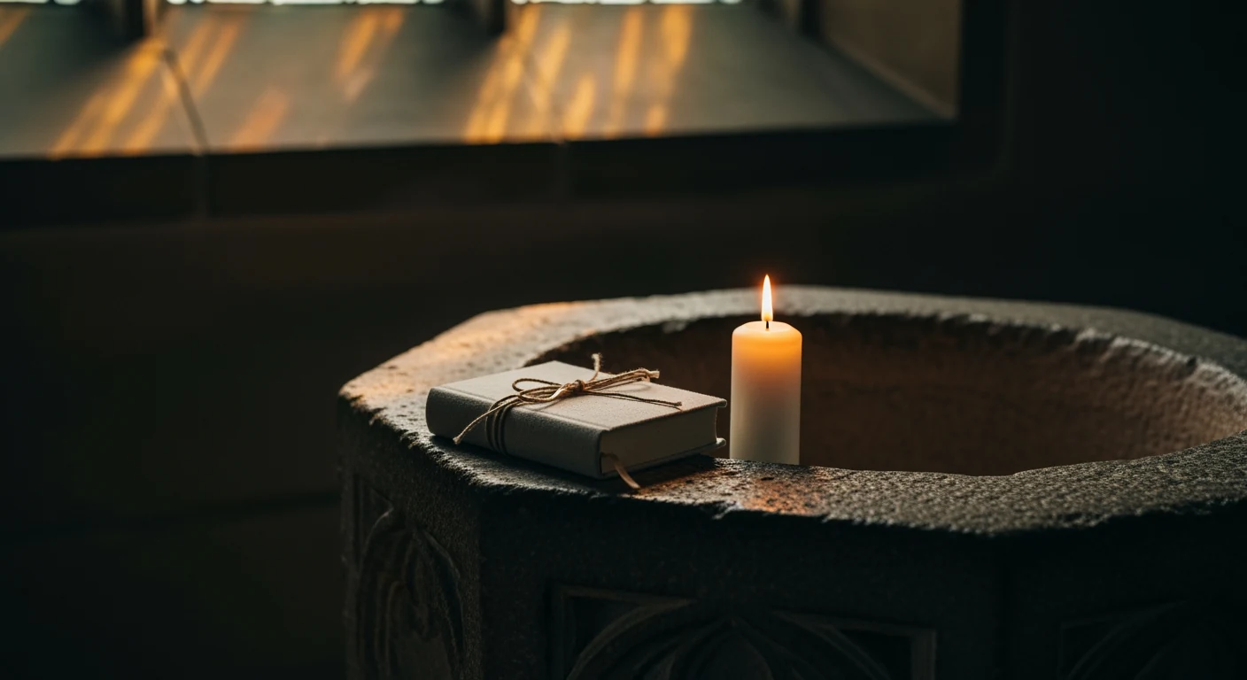 A cream linen christening robe folded on an oak pew bench beside a brass candleholder, lit by warm amber light through stained glass.