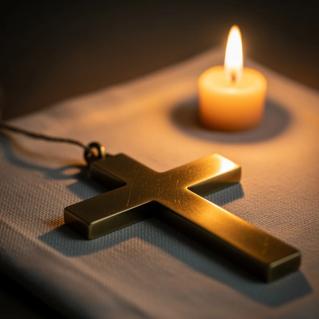 Close-up of an open hand-bound christening book on a stone font ledge, ivory ribbon marking the page, soft window light from the left.
