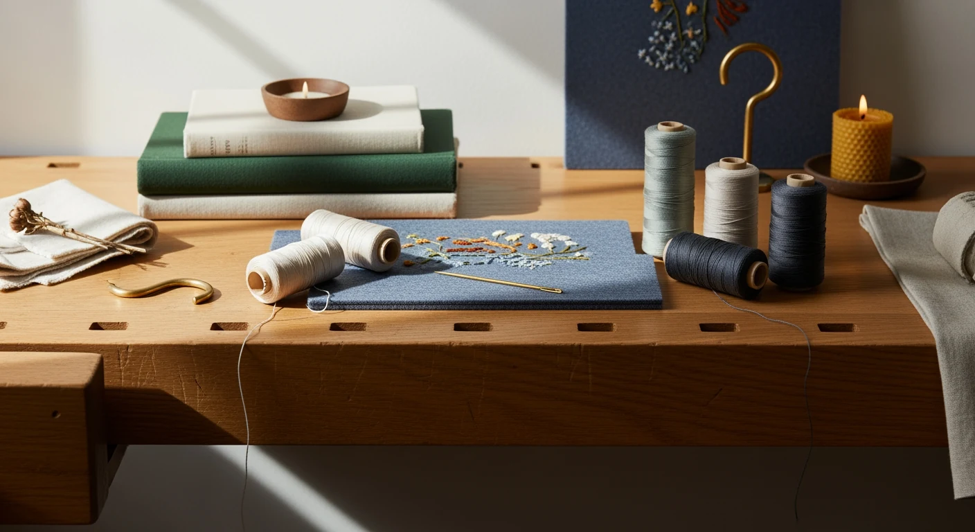 Embroidery hoop in process on an oak workbench, ivory thread spools and undyed cotton ribbon arranged beside a single low warm lamp.