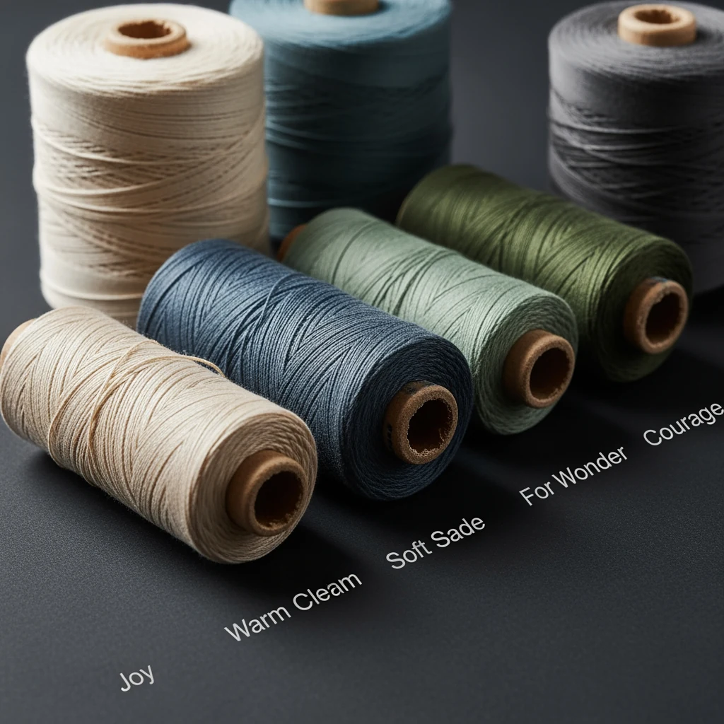 Embroidered fabric panel close-up showing slate wool-felt and forest green threads in muted tones, lit by soft window light.