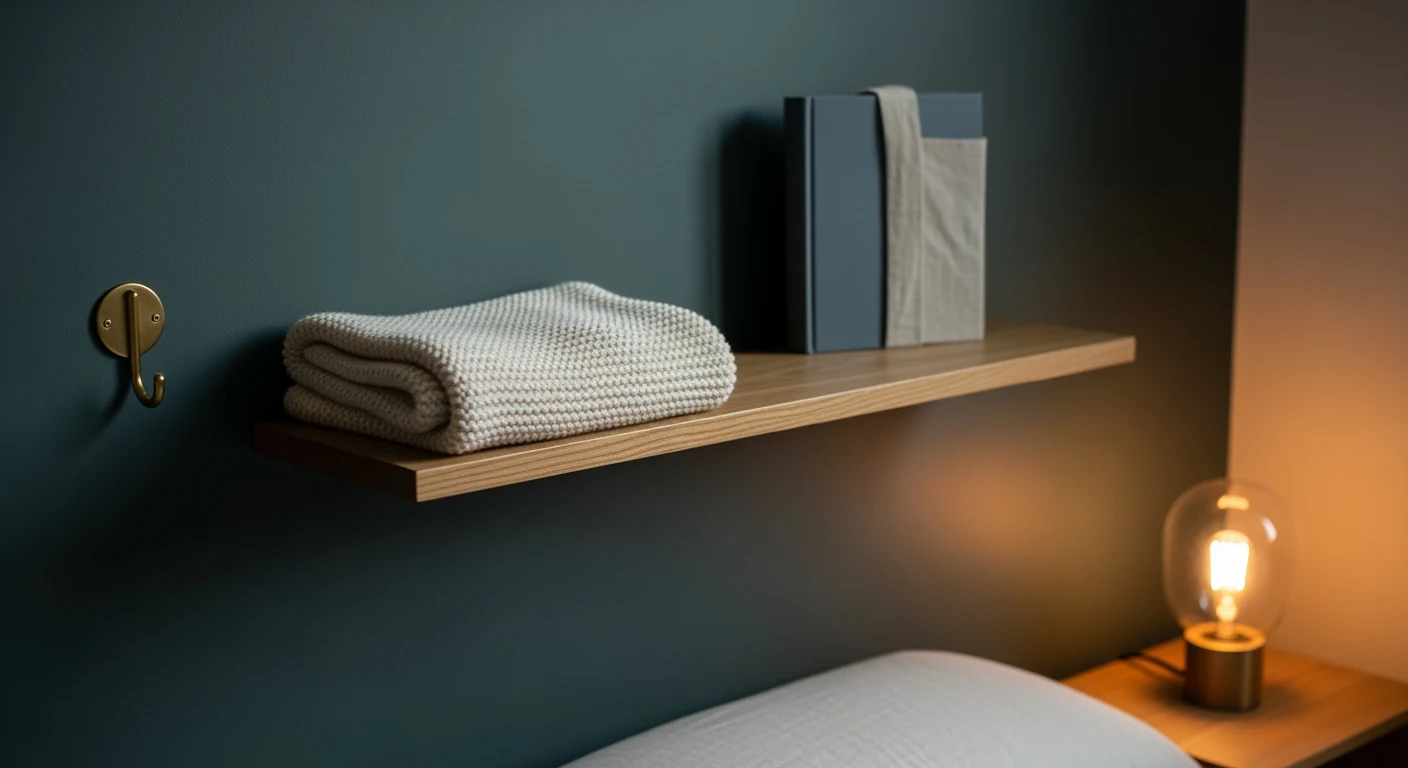 An empty oak shelf above a child's bed holding a single hand-knit wool blanket and a linen-wrapped storybook, lit by warm bedside lamp