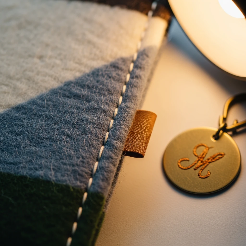 Macro of brushed slate wool-felt with hand-stitched ivory thread, brass hangtag in soft focus, low warm lamplight from upper right