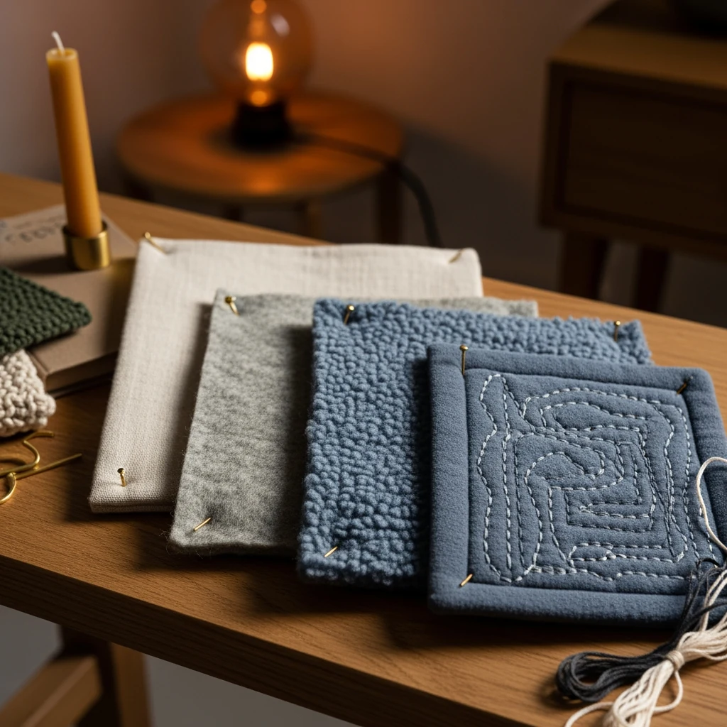 Folded wool blanket and brushed cotton-velvet swatches beside a brass thread spool on a Lancaster studio bench, warm window light.