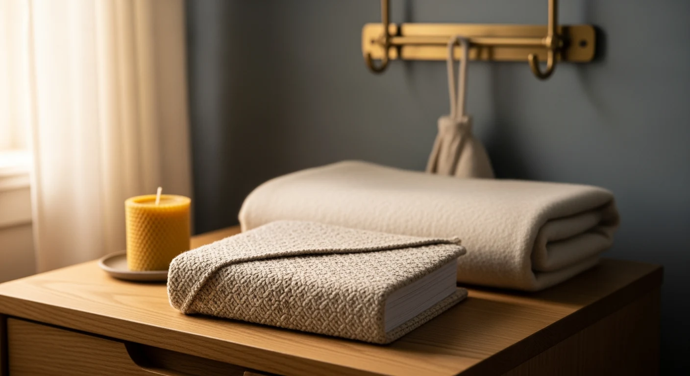 A linen-wrapped baby book on a cream wool blanket on an oak nightstand, lit by golden hour light from a window to the left