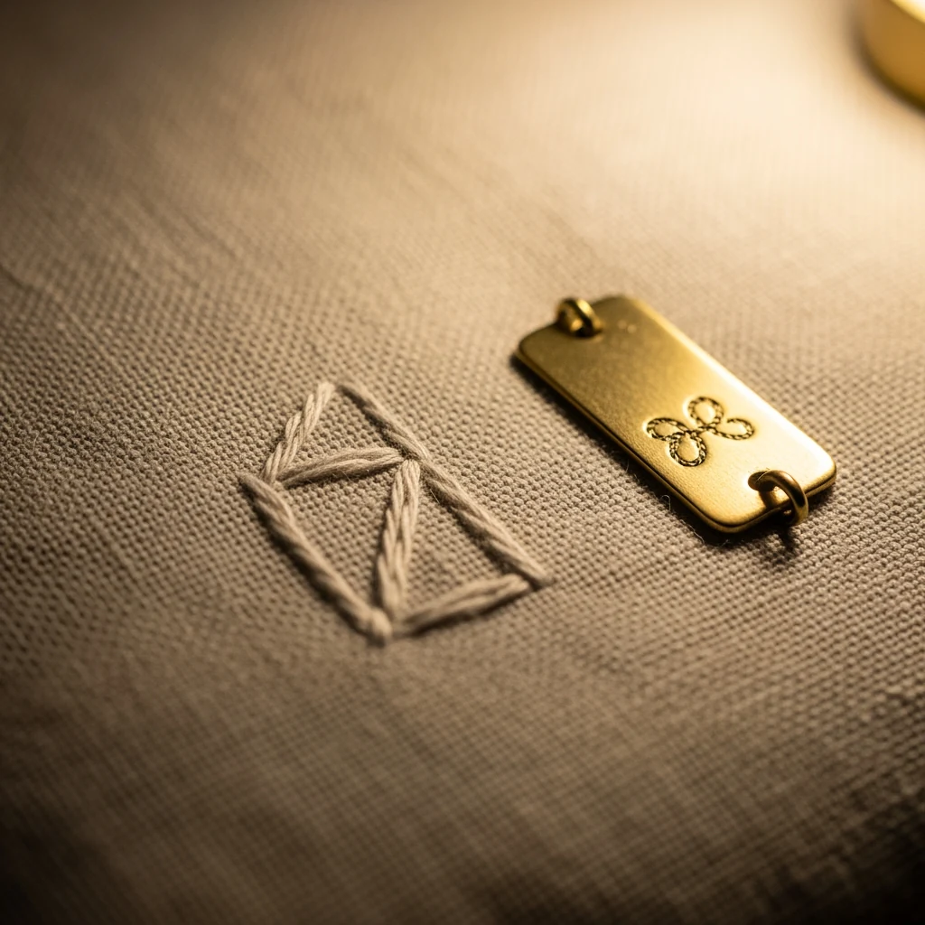 Close-up of hand-stitched ivory thread on undyed linen, brass hangtag with a single embroidered initial just visible