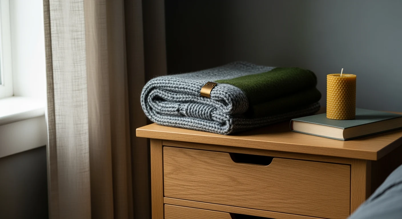 A hand-bound bedtime book sits on an oak nightstand beside a folded oat wool throw under a low warm bedside lamp.