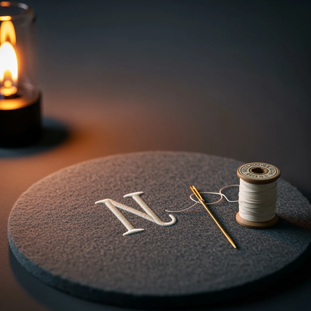 Close detail of hand-stitched embroidery thread spooled in muted ivory and oat tones beside a brass needle.