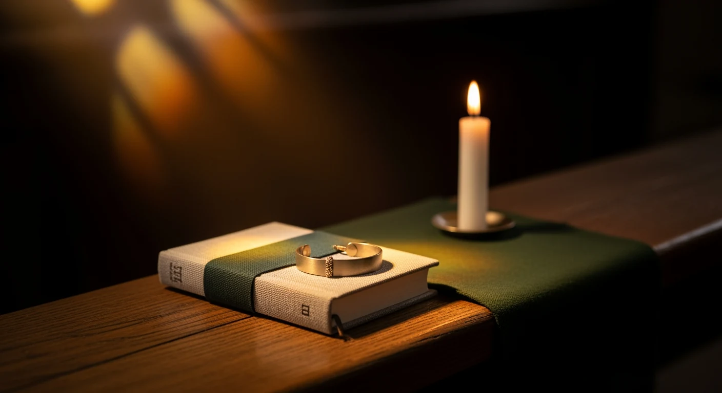 A small kraft gift box and ivory ribbon resting beside a brass christening cross on a folded cream linen robe, lit by stained-glass amber light.