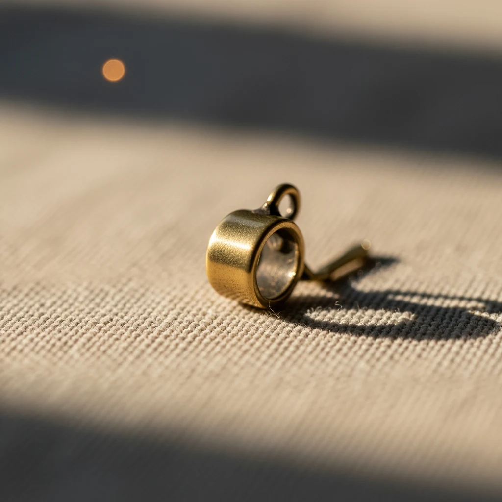 Macro detail of cream embroidered linen ribbon and a single beeswax candle on a pale oak surface, soft amber bedside light.