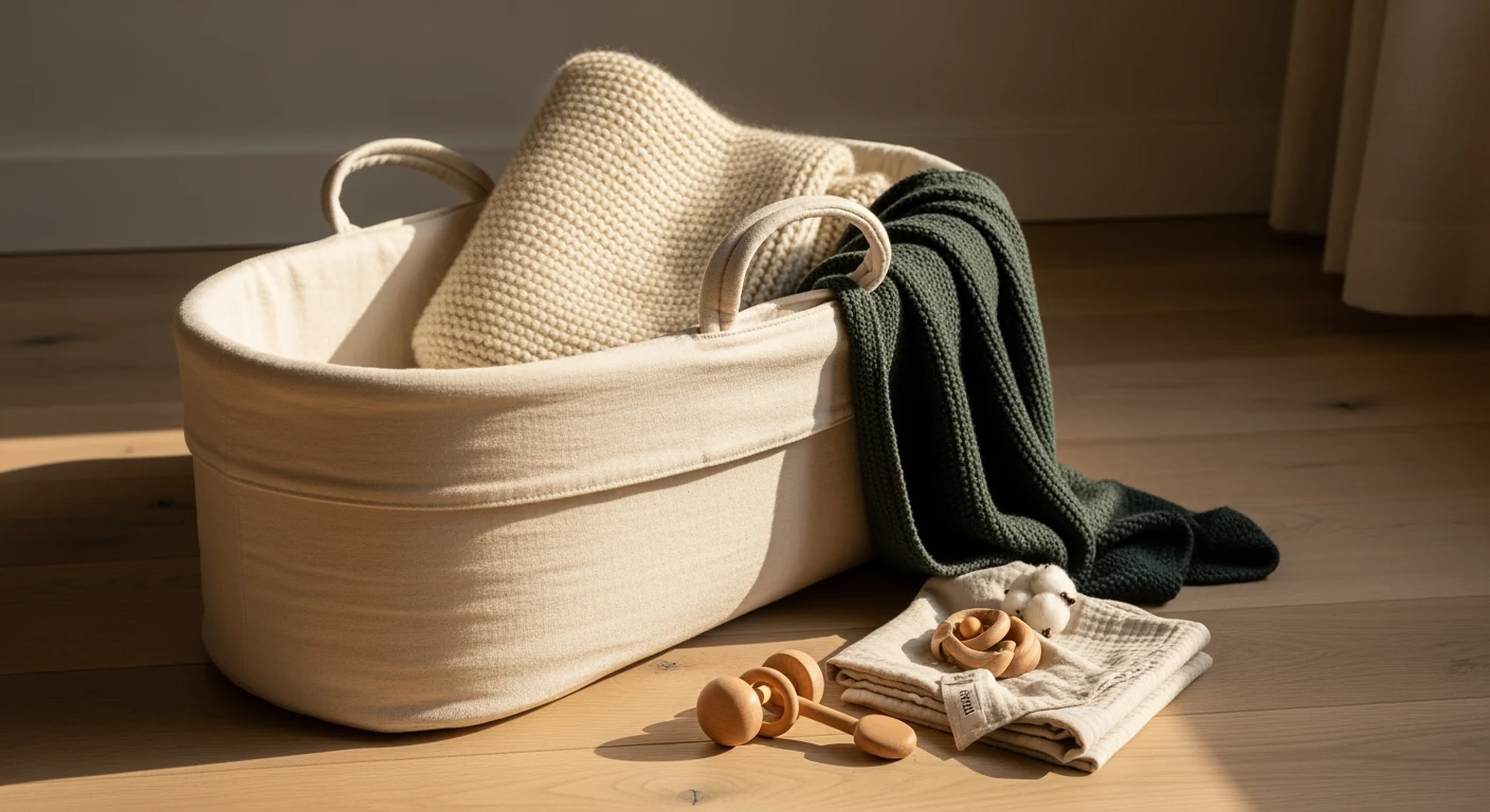 Cream linen-wrapped Moses basket with a slate-blue plush dragon resting on an oat throw, softened by morning light.