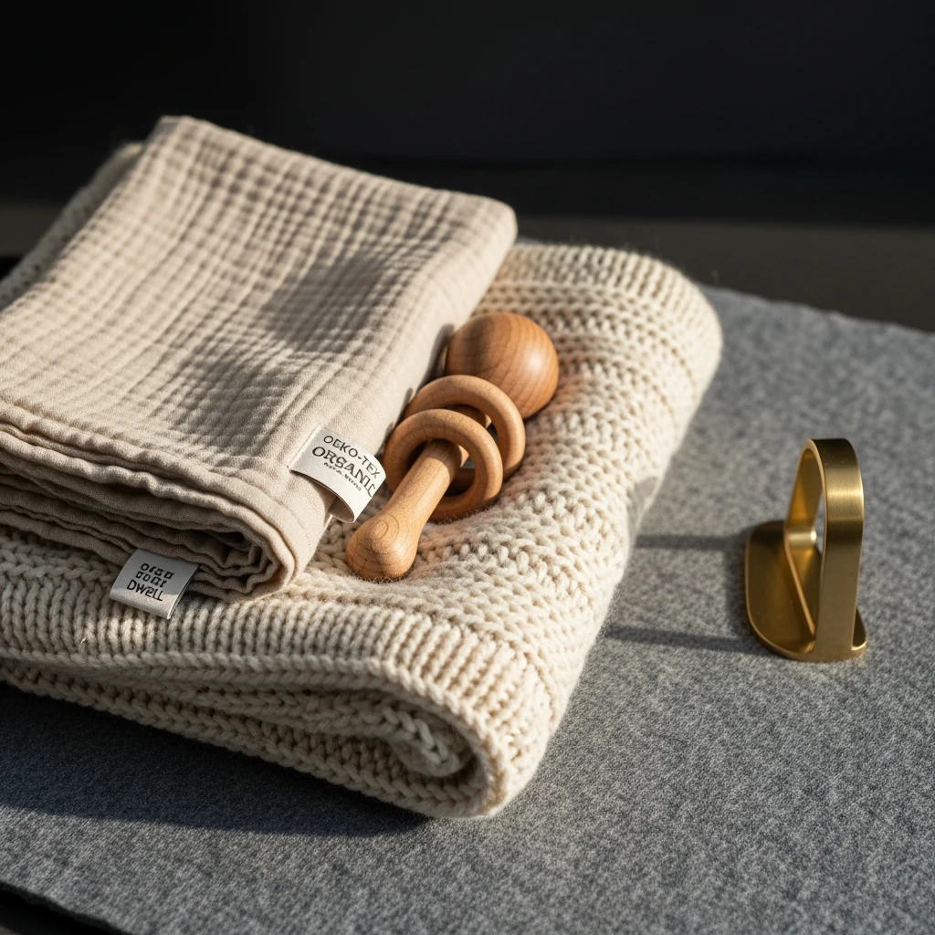 Close-up of hand-stitched embroidery on a plush companion's underside, brass needle resting on muted thread spools.