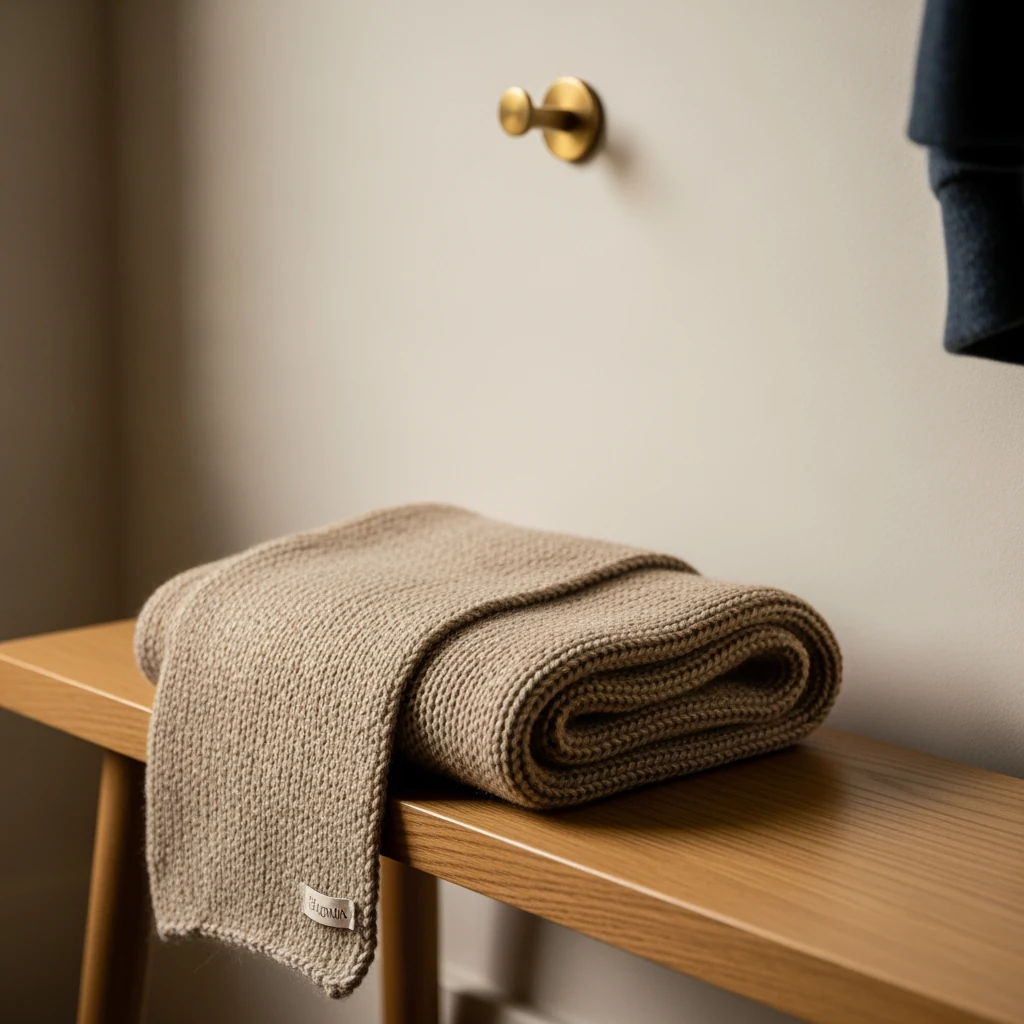 Linen-wrapped book and brass thimble on an oak nightstand, warm bedside lamp casting amber glow across folded fabric swatches.
