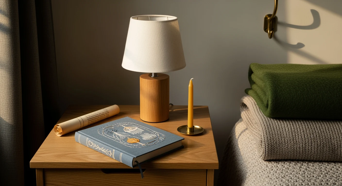 Hand-bound storybook beside an unlit beeswax candle on an oak nightstand, scrolled paper bookmark across the page, low warm ember-lamp glow.