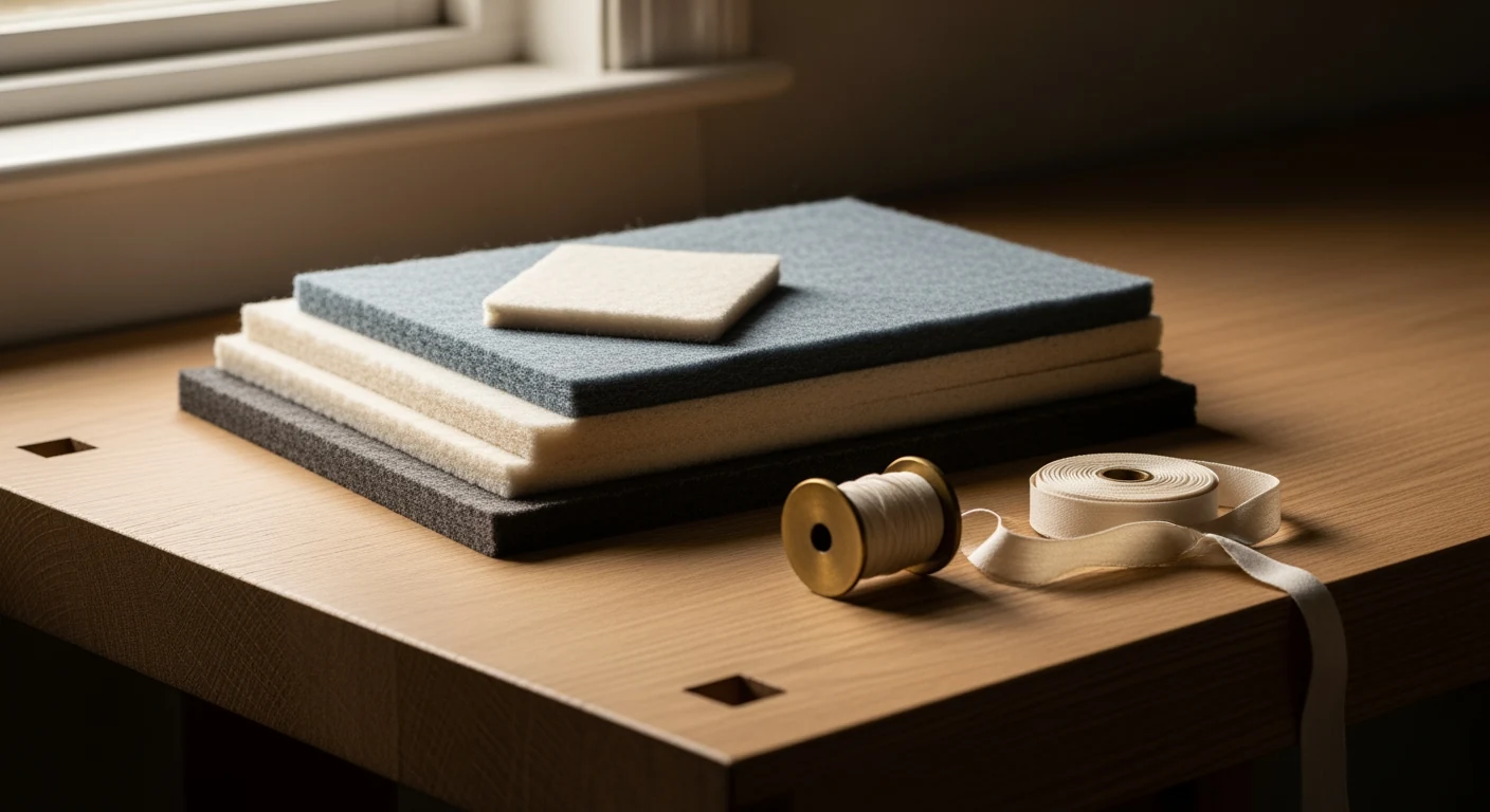 Folded slate wool-felt blanket and an unlit beeswax candle on an oak nightstand beside a hand-bound storybook, soft window light from the left.