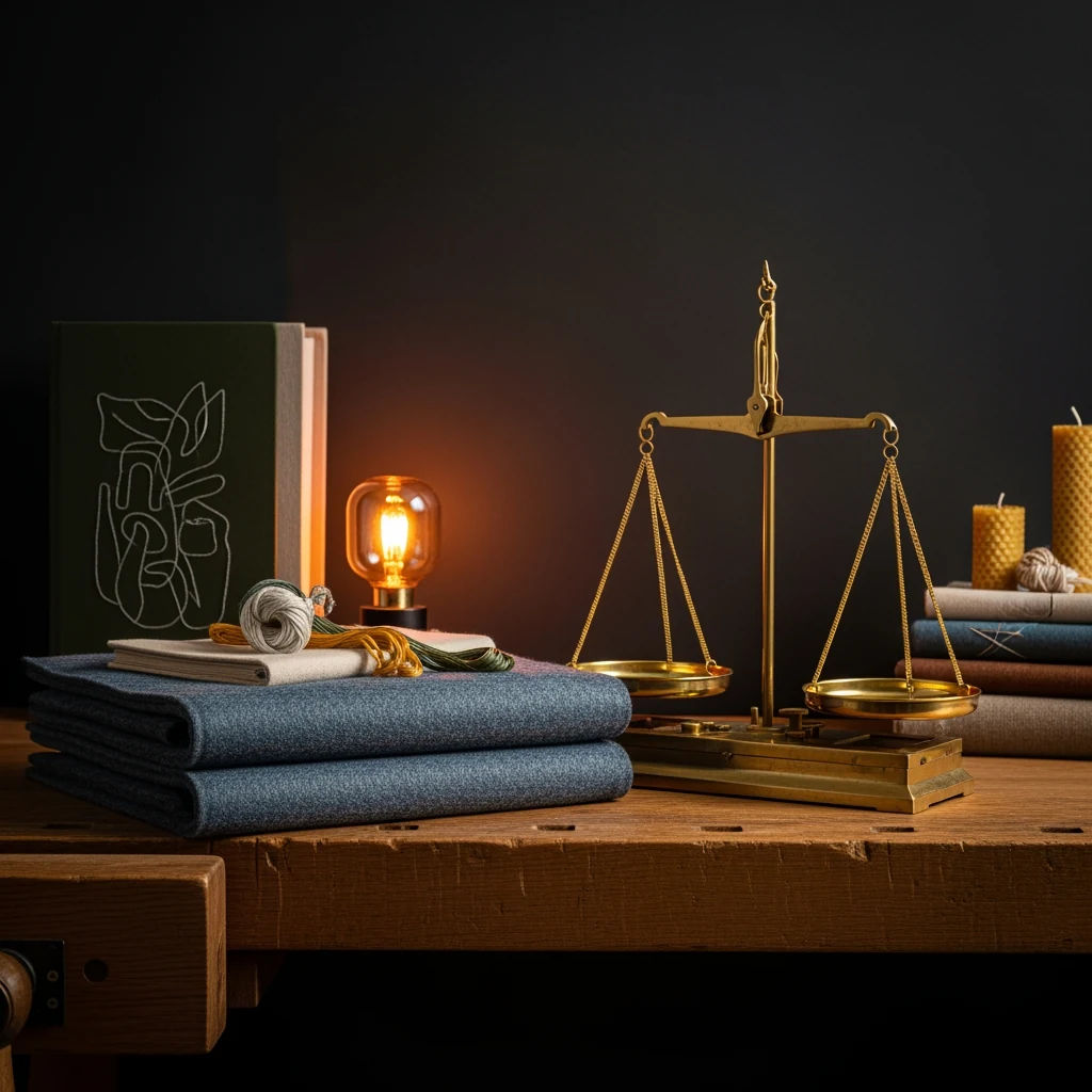 An ivory thread spool, brass thimble and ribbon offcut on a corner of slate wool-felt, single low warm lamp out of frame.