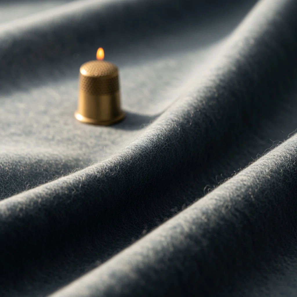 Close detail of slate wool-felt and a brass thimble resting on a folded oat-coloured wool throw, single window light from the left.
