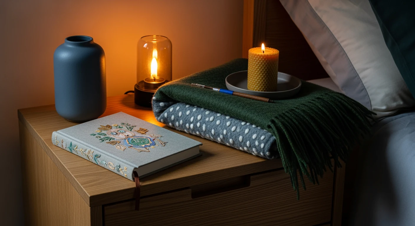 Closed bedroom door from inside a child's room, golden lamplight spilling under, draped linen and a hand-knit blanket folded across the empty bed.