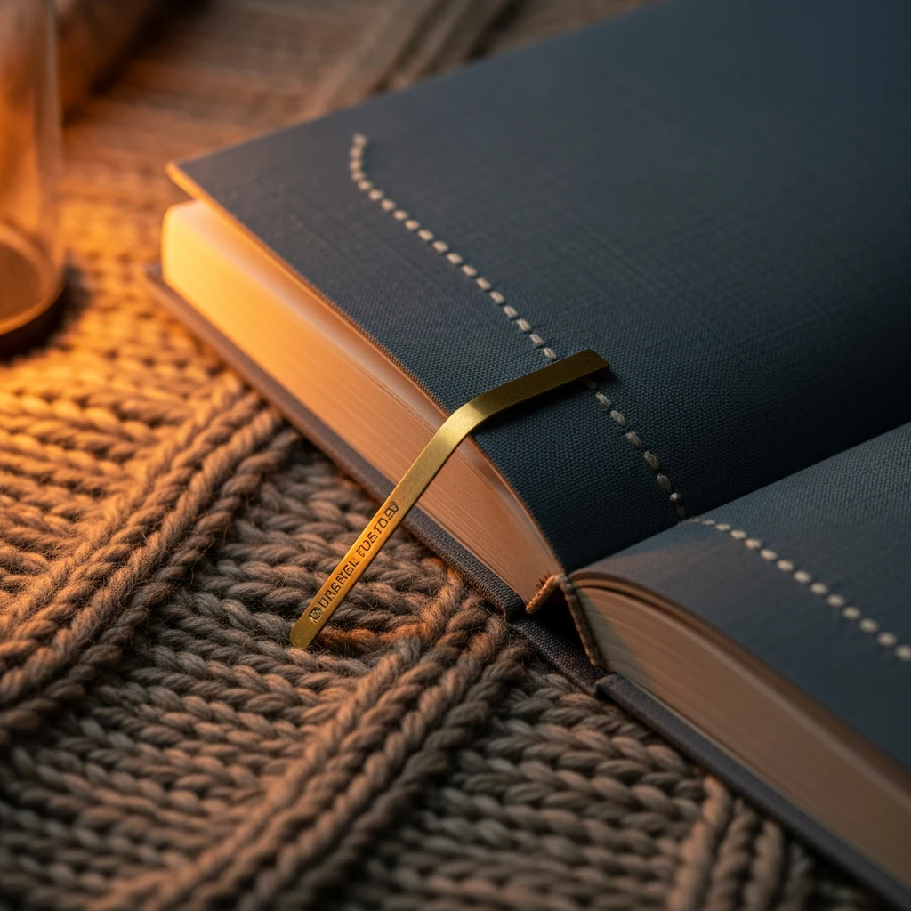Linen-wrapped storybook on an oak nightstand beside a single low warm bedside lamp casting amber ember-glow across the pages.