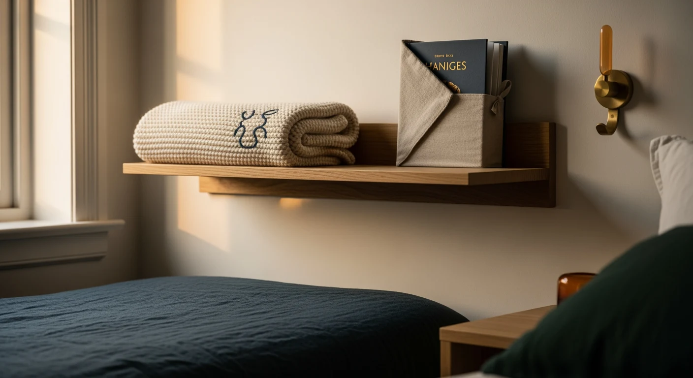 An empty oak shelf holding a hand-knit cream wool blanket and a linen-wrapped storybook, soft afternoon light from the left, atmospheric still life