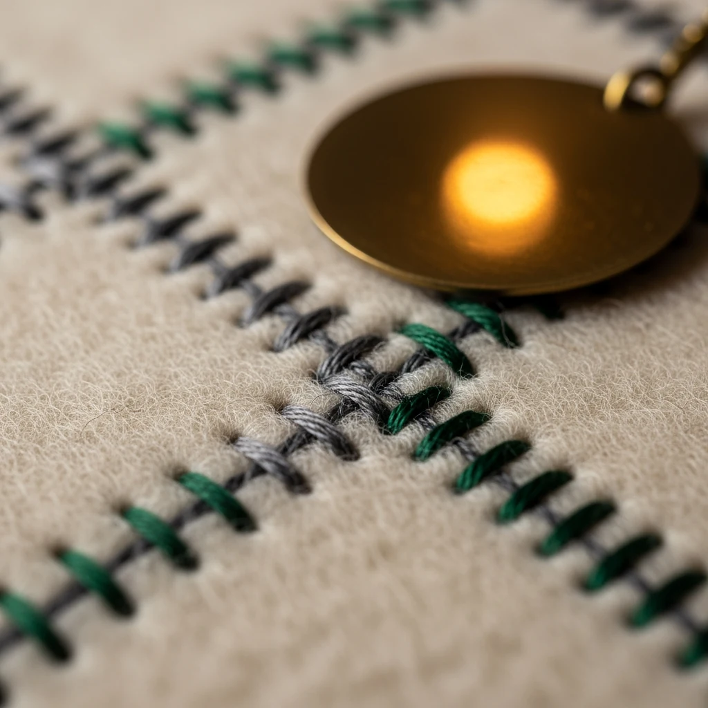 Macro of brushed wool-felt with hand-stitched cotton thread, brass hangtag in soft focus, low warm bedside lamplight from upper right
