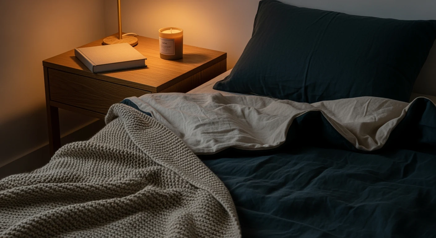 An empty child's bedside at dusk, a warm bedside lamp on, hand-knit wool blanket folded back, oak nightstand with a small linen-bound book.