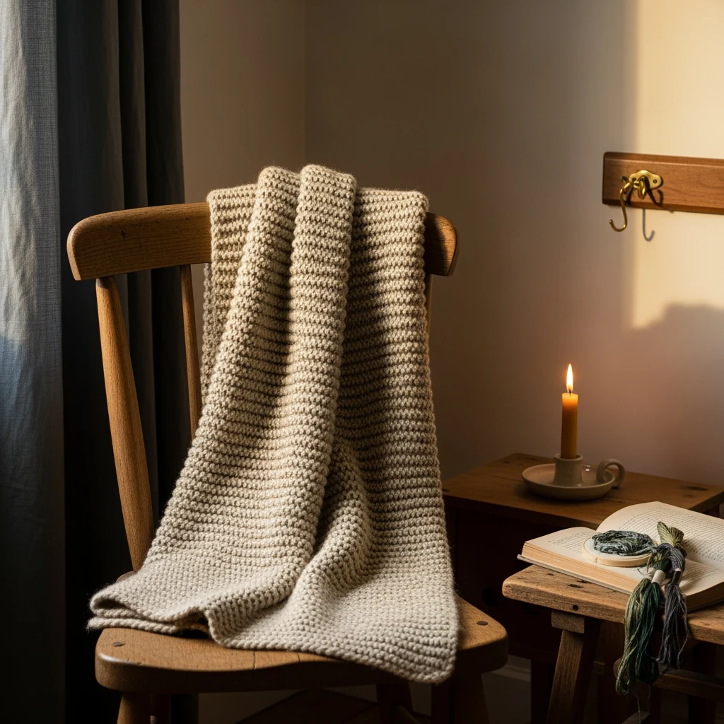 Close-up of a hand-knit wool blanket and ivory cotton ribbon on a pale oak nightstand, lit by warm amber bedside light from the right.
