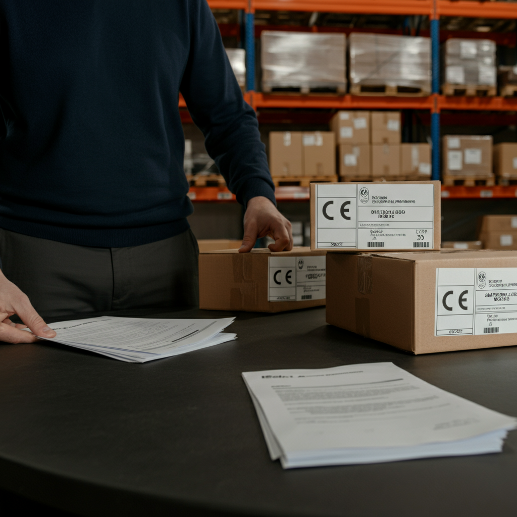 CE-Kennzeichnung und RoHS-Konformität in einem britischen Lager: Amazon FBA-Verkäufer bereitet elektronische Produkte mit sichtbaren CE- und RoHS-Etiketten vor, um die Zollsicherheit bis 2026 zu gewährleisten.