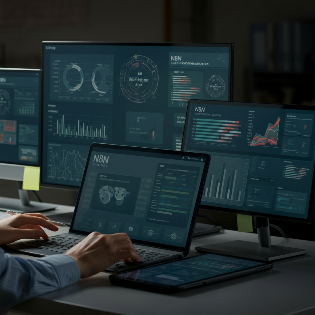 N8n workflow validation dashboards and error reports on multiple screens in a UK office setting, highlighting automation and deployment risks.