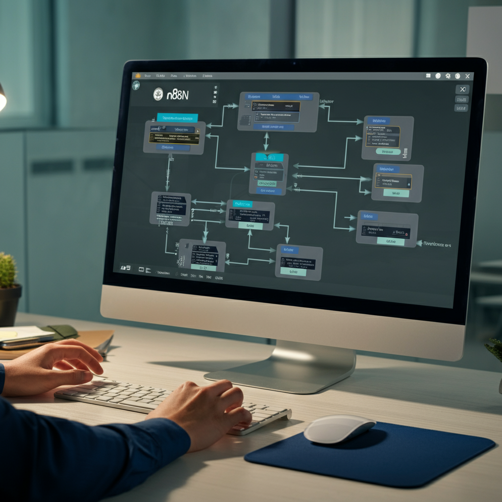 N8n Workflow Examples: Modern office workspace showing hands configuring and validating automation nodes on a large screen to prevent hallucinated configs.