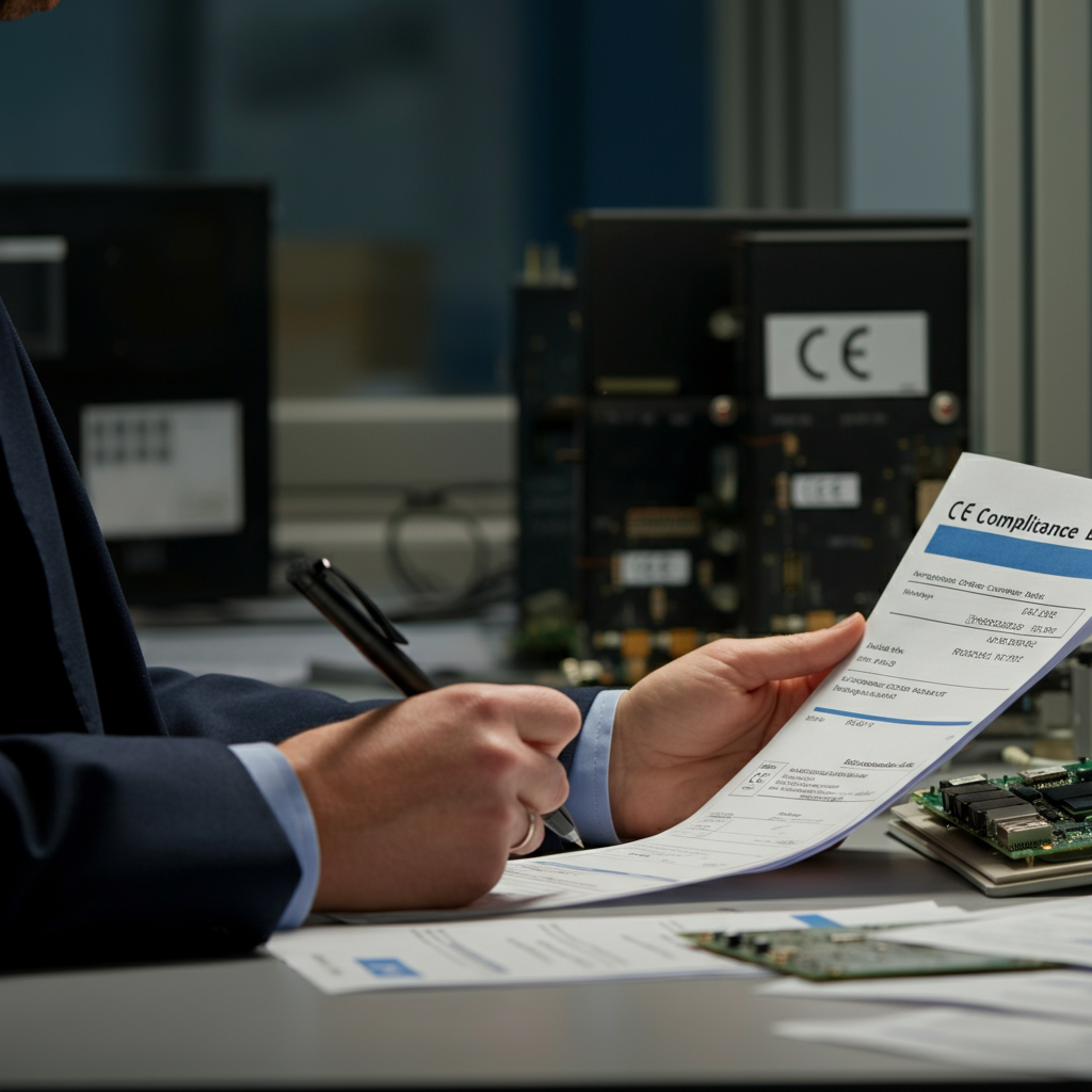 Ce Marking Rohs compliance scene showing electronics and documents in a professional workspace, highlighting key steps for 2026 regulations and brand protection.