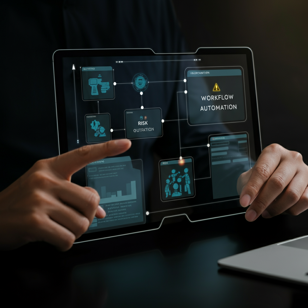 Hands interacting with workflow automation tools on a touchscreen in a UK office, showing nodes, validation signals, and risk warnings for 2026 reliability.