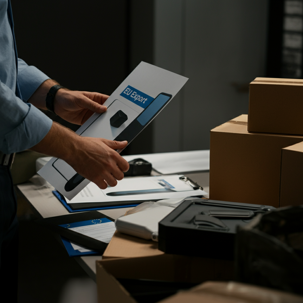 Konformitätsprozess der RoHS-Richtlinie zur Beschränkung gefährlicher Stoffe für Shopify-Marken, dargestellt mit Elektronik, Checklisten und Verpackungen in einem britischen Büro.