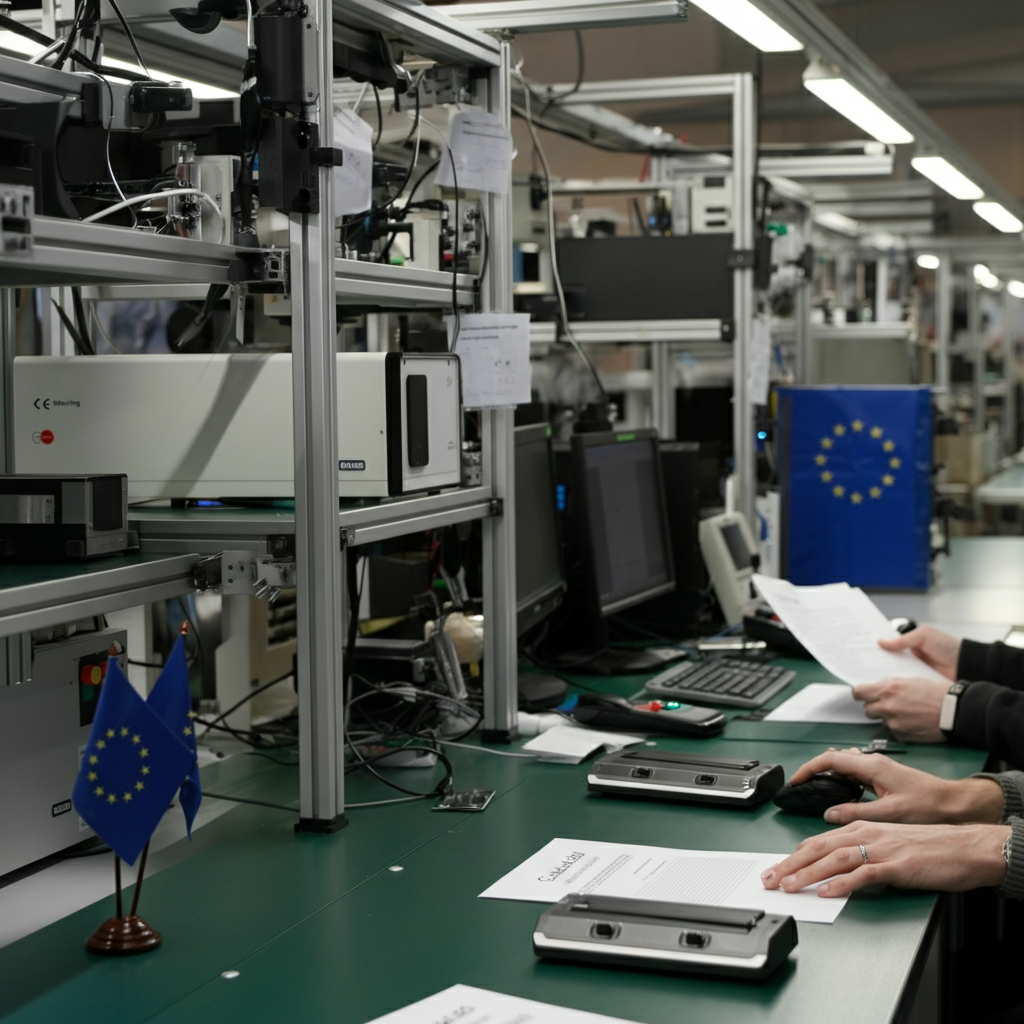 A British electronics manufacturing facility showing devices with Ce Marking Rohs symbols, regulatory documents, and EU flags in a quality control setting.