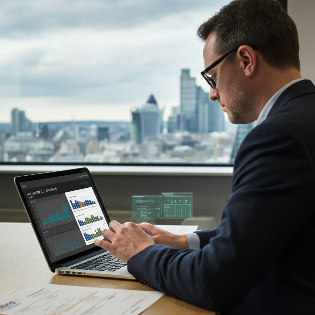 Amazon Seo Optimization for UK post-Brexit sellers: A British ecommerce manager reviews Amazon listings and compliance documents on a laptop in a modern London office.