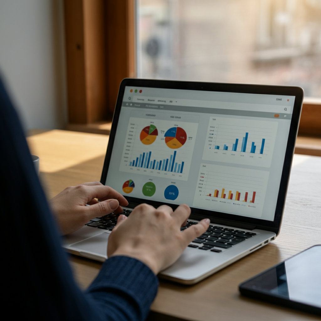 Workflow automation dashboard and cost breakdown charts on a laptop in a British solopreneur's home office, illustrating SaaS and cloud expense planning for 2026.