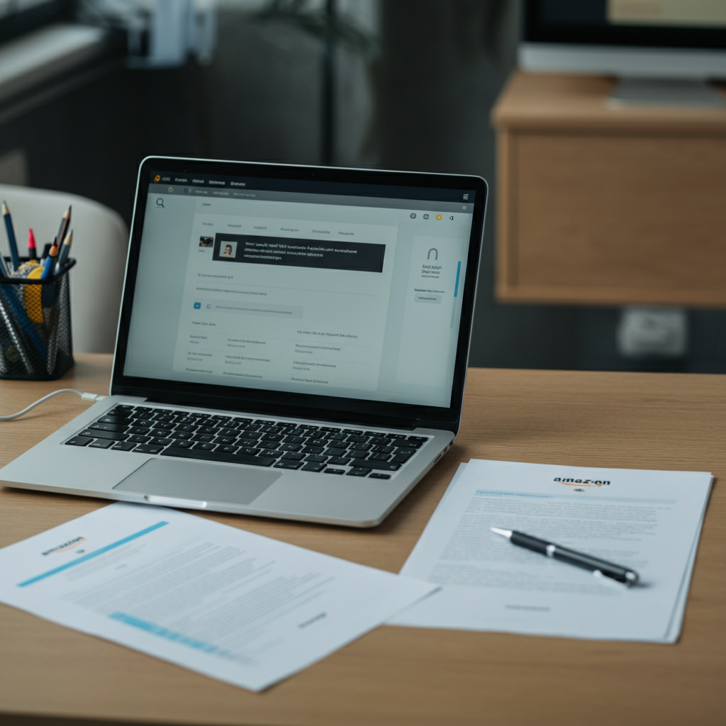 How To Find A Seller On Amazon: Secure, compliant office workspace with a laptop displaying Amazon seller search results and compliance checklists.