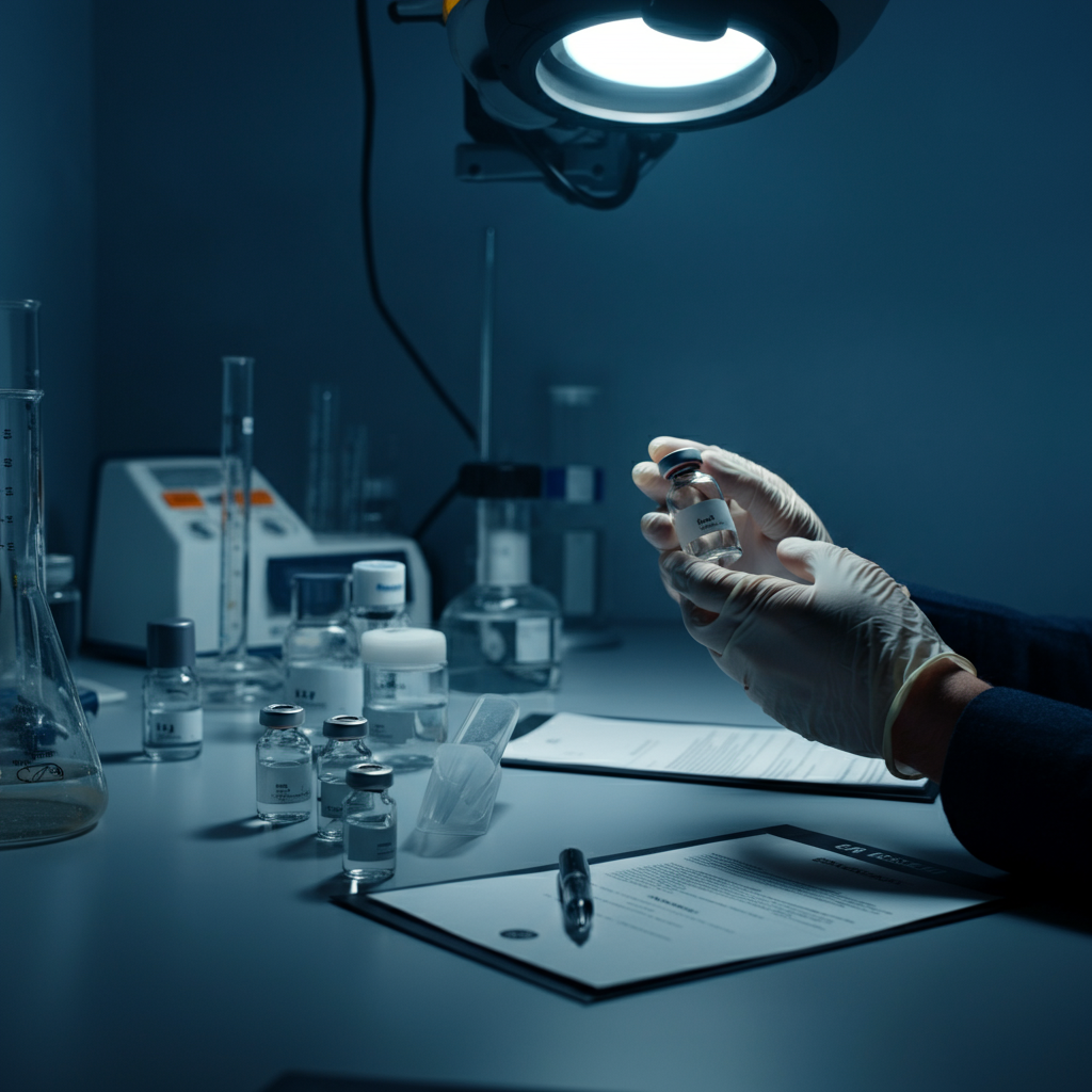 Cosmetic Regulations Eu compliance scene: laboratory workspace with cosmetic products, EU regulatory paperwork, and hands inspecting a vial for market access.