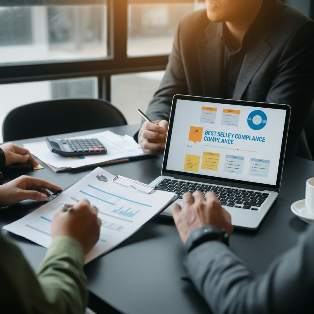 Hands of professionals analyzing Best Amazon Seller compliance data and safety checklists at a business meeting, focused on EU brands and regulatory risks.