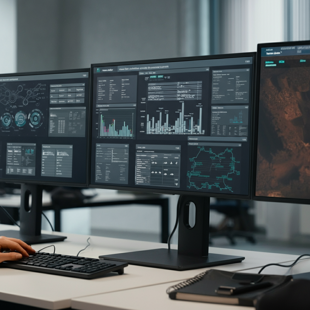 Workflow Automation Tools displayed on multiple screens in a modern British office, illustrating reliable solutions for n8n deployments and business process efficiency.