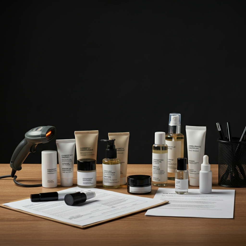 Kommerzielles Foto, das Kosmetikartikel und Konformitätsdokumente auf einem Schreibtisch zeigt, wobei die EU-Kosmetikvorschriften für Amazon FBA-Verkäufer hervorgehoben werden, die die Konformität bis 2026 anstreben.