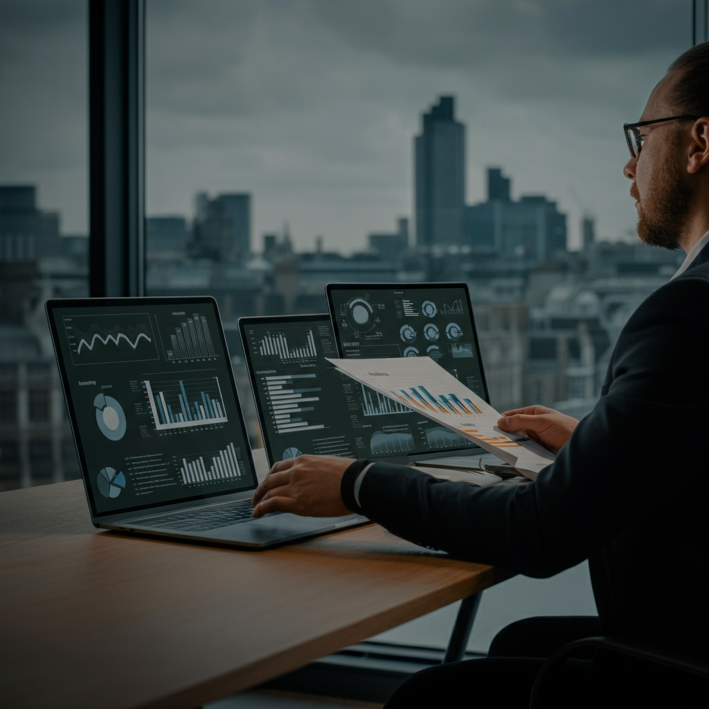 Lead Generation Examples visual: hands sorting compliance documents and analyzing Amazon seller data in a modern UK office, highlighting EU B2B outreach.