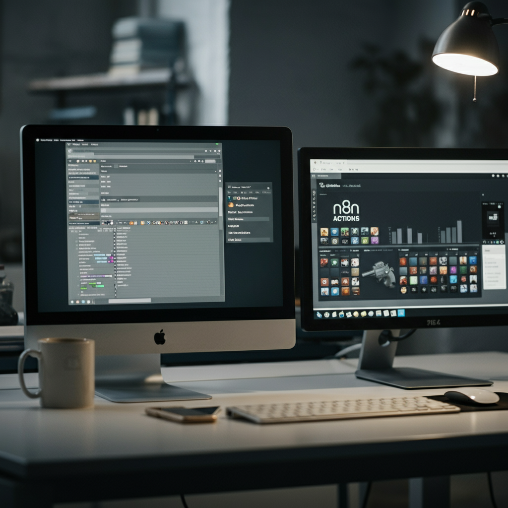 Commercial photograph showing a modern British tech workspace with dual monitors displaying an n8n workflow and the GitHub Actions dashboard, illustrating GitHub Actions Trigger setup and troubleshooting.