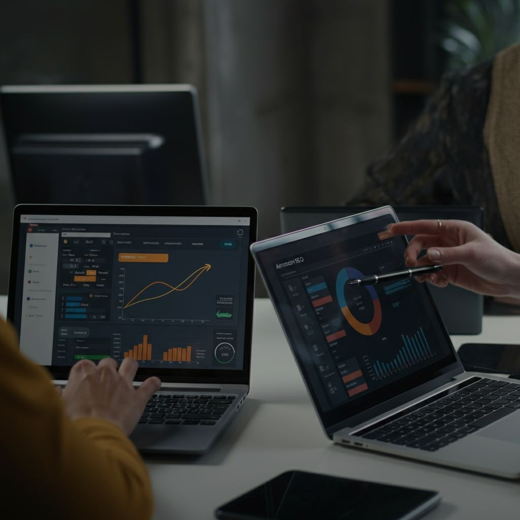 Hands-only view of B2B professionals in a modern UK office analysing Amazon SEO tool dashboards on laptop screens, highlighting Amazon SEO tool usage for B2B data quality.