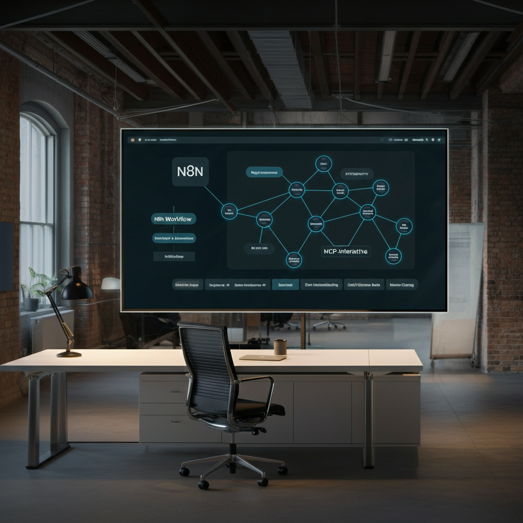 A digital dashboard in a British office displaying an advanced N8n Workflow integrating Google Antigravity and MCP-interactive, highlighting scalable automation.