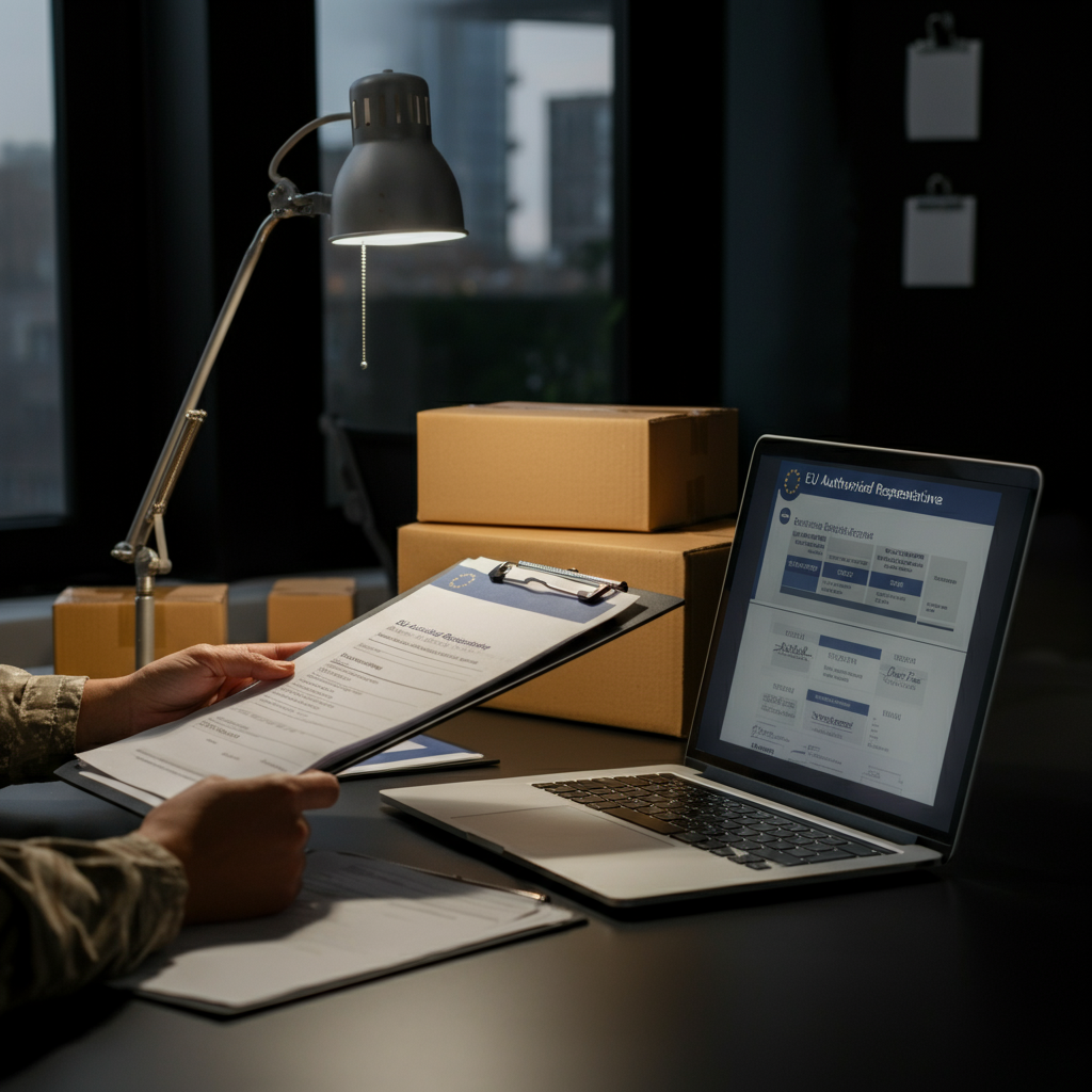 Modern UK office desk with EU Authorised Representative compliance documents, shipping boxes, and hands organising paperwork, representing 2026 seller risks and compliance.